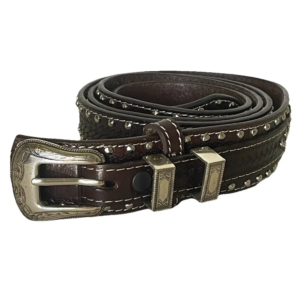 Nocona Genuine Leather Western Belt Mens‎ 44 Brown Studded Basketweave Cowboy